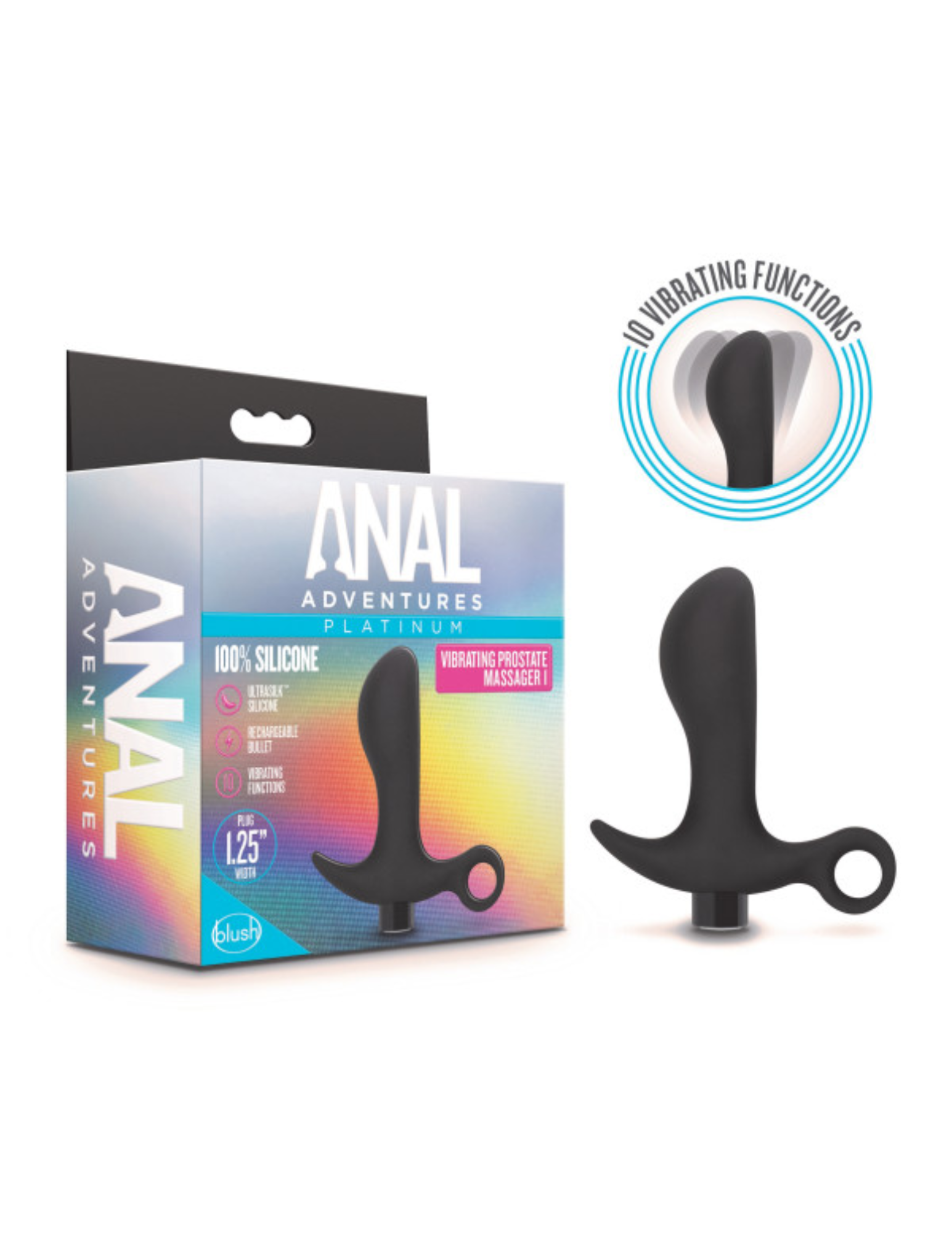 Photo shows the Anal Adventures Platinum Rechargeable Vibrating Prostate Massager from Blush box with the product next to it.