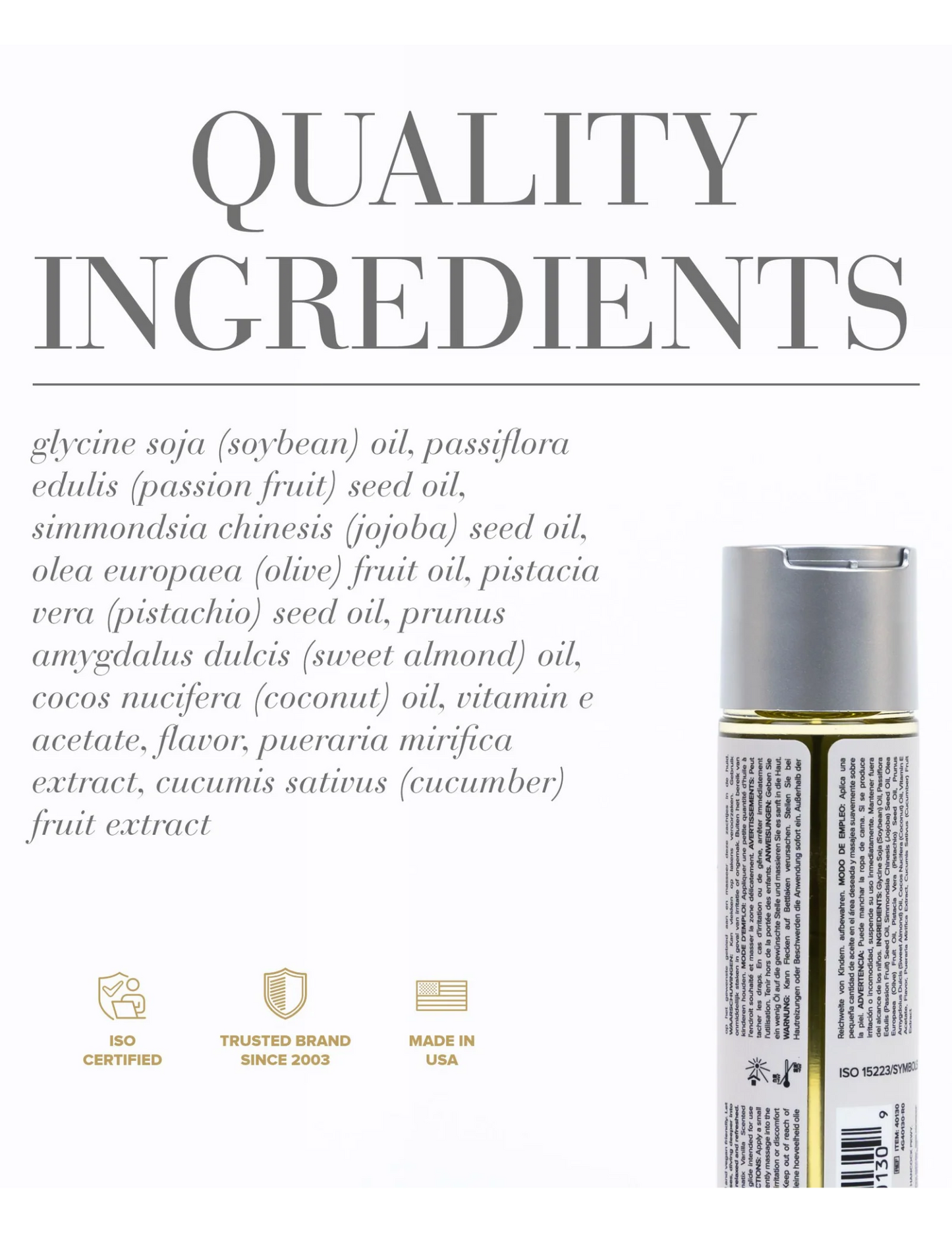 Ad showing the ingredient list for the System JO Aromatix Vanilla scented massage oil.