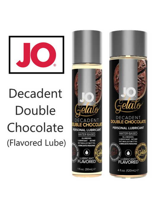Front image of the System Jo 1oz flavored water-based lubricant bottle ( decadent double chocolate).
