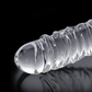Close-up of the No. 63 Textured Glass Dildo w/ Balls from Pipedreams (clear) shows the head and swirled texture of the massager.