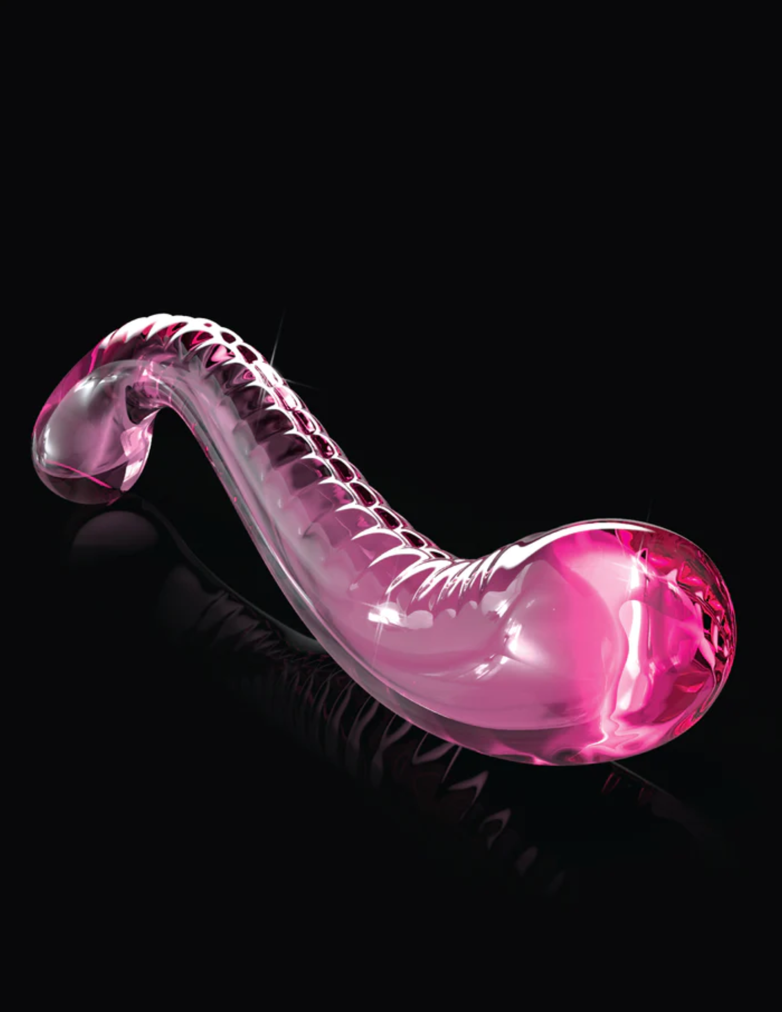 Front angled view of the Icicles No. 69 Textured G-Spot Glass Probe from Pipedreams (pink) shows its prominent G-spot head for maximum pleasure.