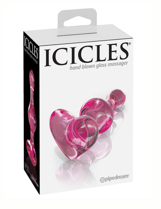 Photo of the front of the box for the Icicles No. 75 Beaded Heart Shaped Glass Anal Plug from Pipedreams (pink).