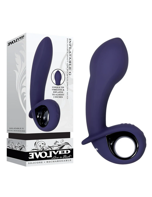 Photo shows the Inflatable G from Evolved Novelties (inflated) next to its box.