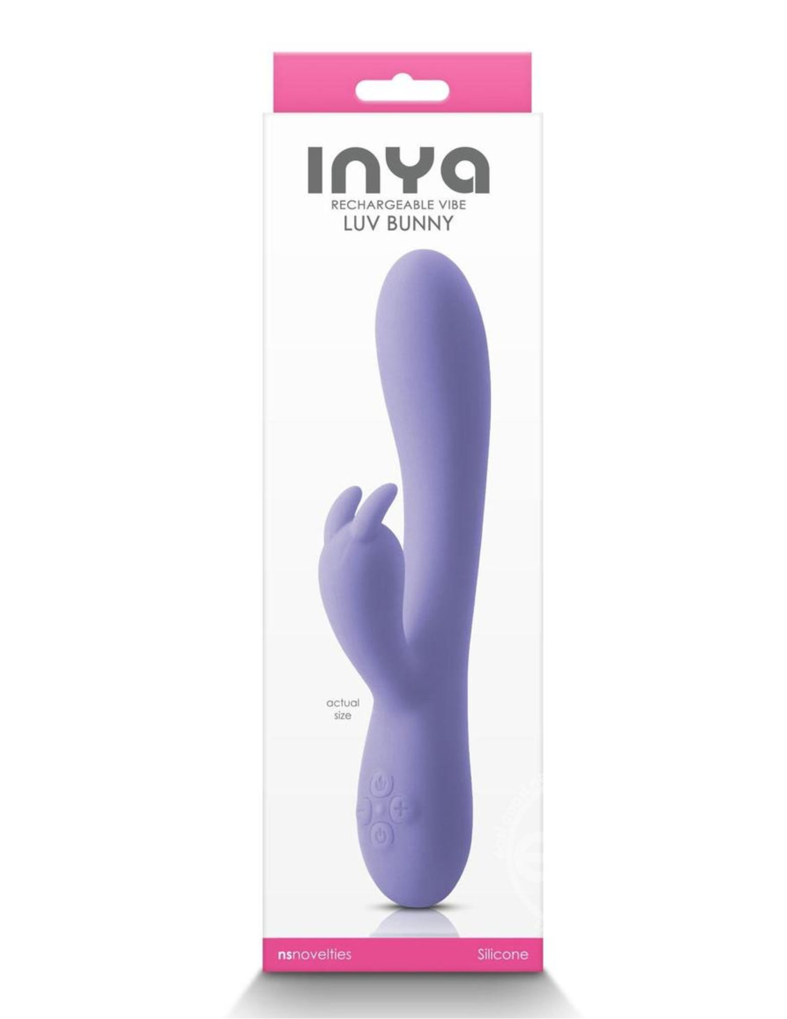 Photo of the front of the box for the nya Luv Bunny (purple) from NS Novelties.