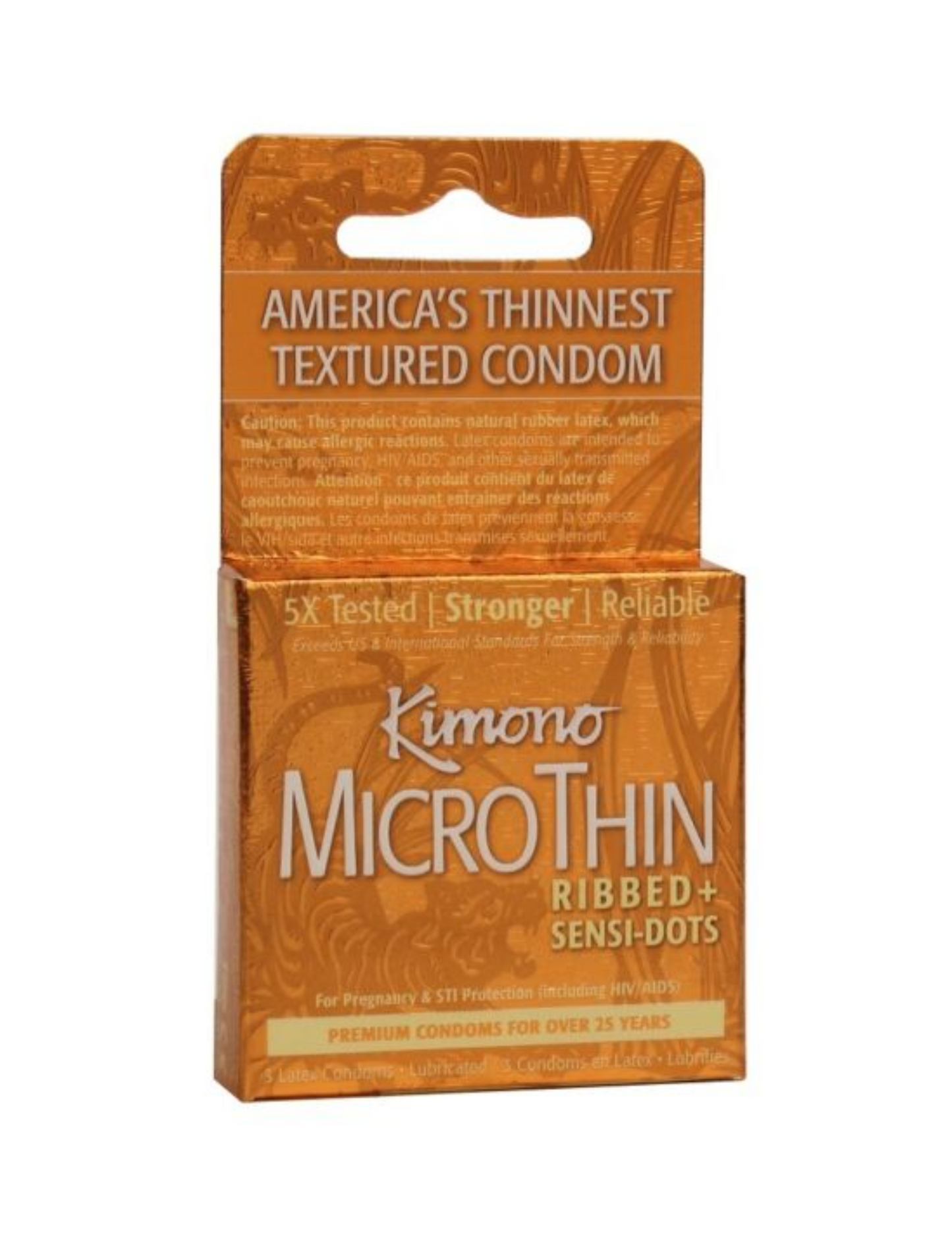 Photo of the Ribbed and Sensi-Dots MicroThin Condoms from Kimono (orange box).