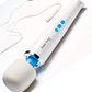 Angled view of the Hitachi Magic Wand Plus shows its power and control buttons as well as the removeable power cord.