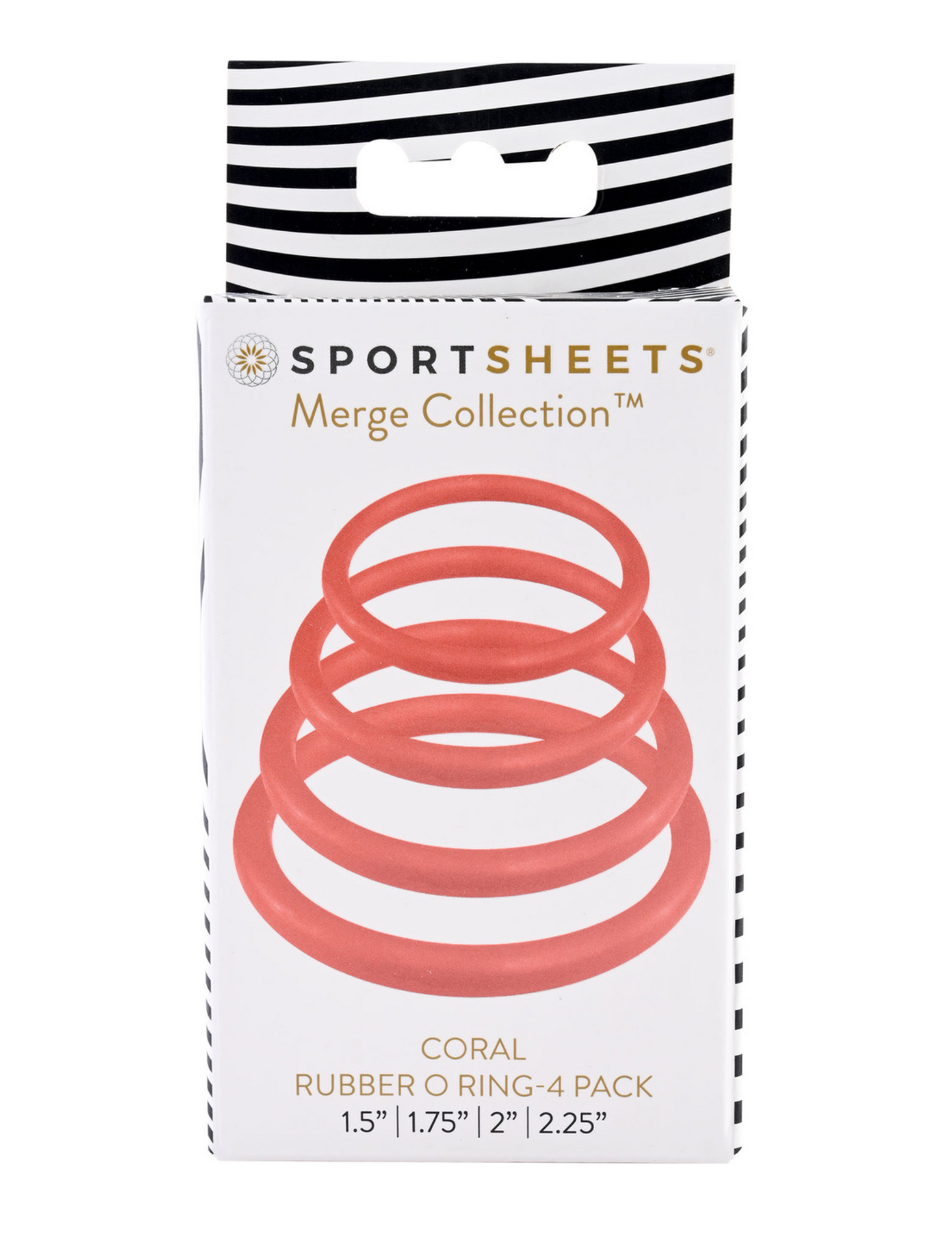 Photo of the box for the Merge Collection Rubber O-Ring (coral) from Sportsheets.