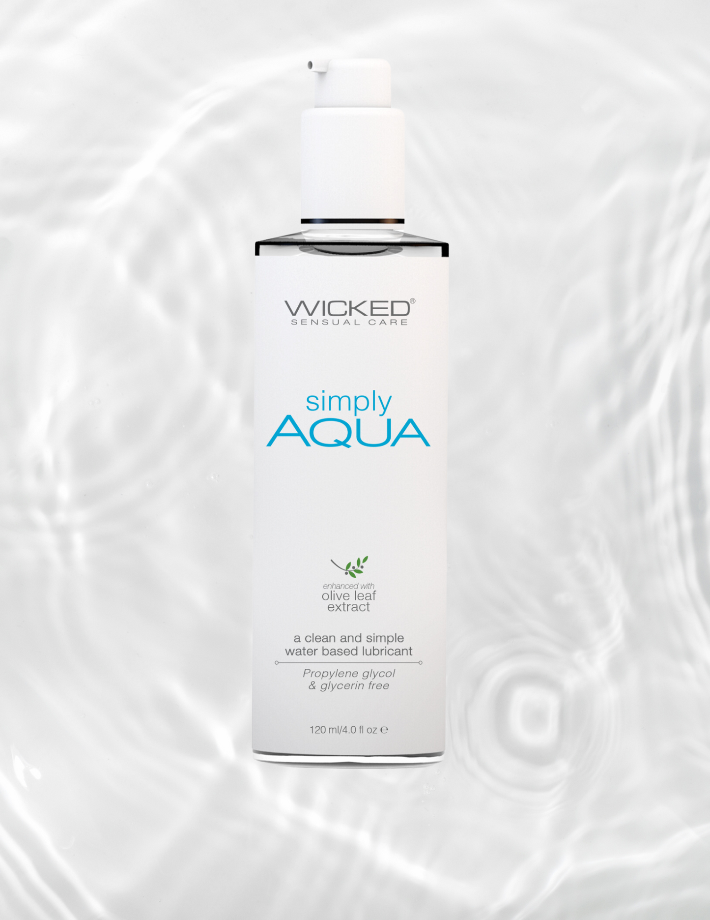 Wicked Sensual Care Simply Aqua Water Based Lubricant w/ Olive Leaf Extract bottle.