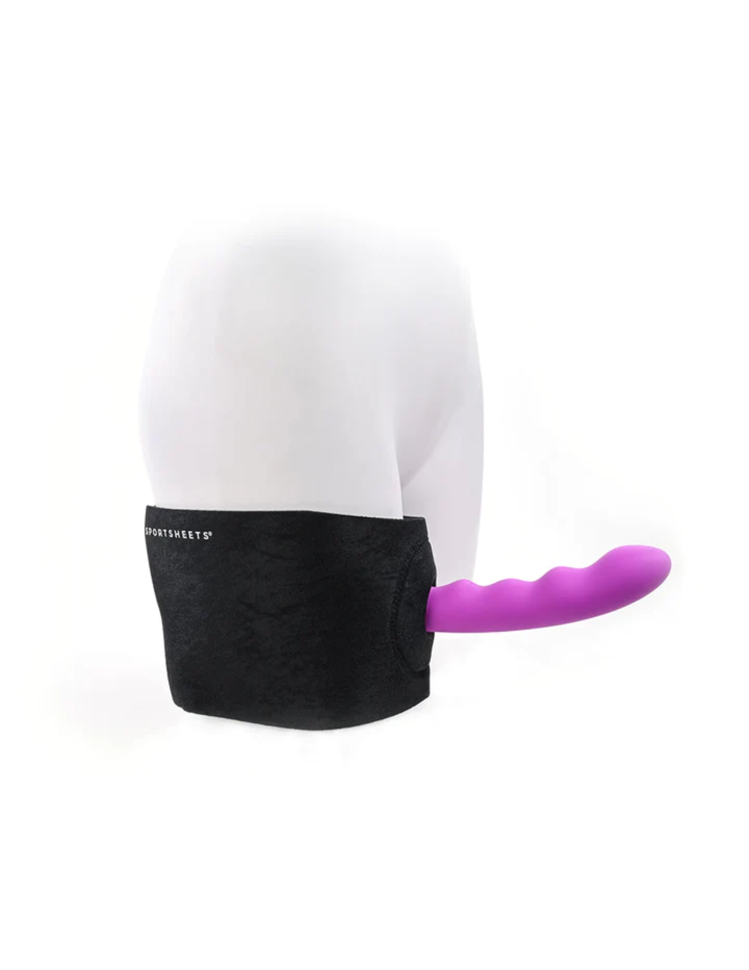 Photo shows a mannequin thigh wearing the Ultra Thigh Adjustable Strap-On from Sportsheets harness with a purple dildo (not included in the set).