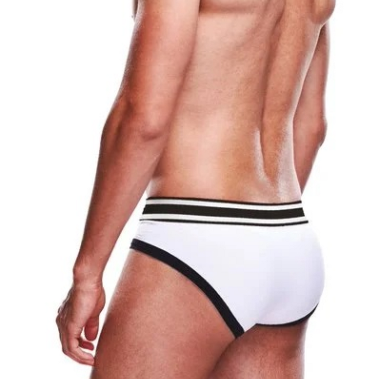 Photo of the back of a model wearing the Prowler Briefs (white/black).