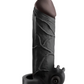 Profile view of the Fantasy X-Tensions Vibrating Real Feel 2in Extension Sleeve from Pipedreams (black) shows its ball strap and battery-operated vibrator.
