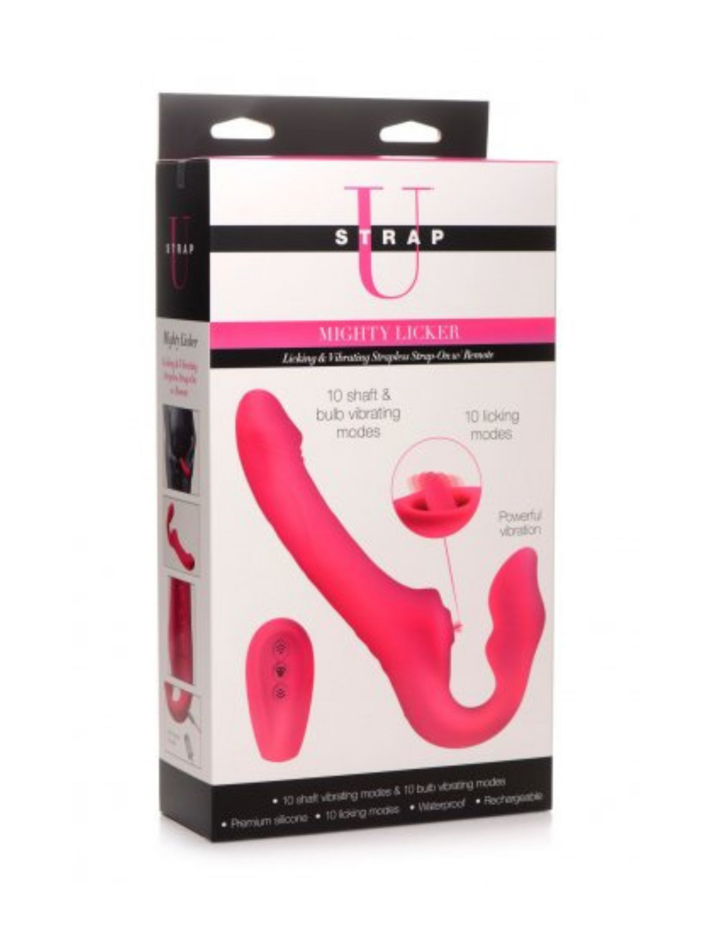 Strap U - Mighty Licker Vibrating Rechargeable Silicone Strapless Strap-On w/ Remote Control - Pink