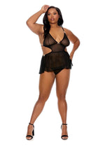 Load image into Gallery viewer, Barely Bare Tie-Back Baby Doll Teddy and Thong - Black - Plus Size/Queen