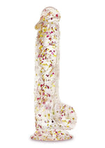 Load image into Gallery viewer, Glittergasm Realistic Clear Dildo with Balls and Suction Cup - Red/Orange/Golden Glitter - Gold/Orange/Red