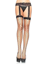Load image into Gallery viewer, Leg Avenue Fence Net Thigh High with Lace Garter Belt - Black - Plus Size/Queen - 2pc