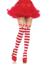 Load image into Gallery viewer, Leg Avenue Rudolph Reindeer Opaque Striped Pantyhose with Sheer Thigh High - Red/White - One Size