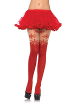 Load image into Gallery viewer, Leg Avenue Spandex Snowflake Opaque Pantyhose with Sheer Thigh Accent - Red - One Size