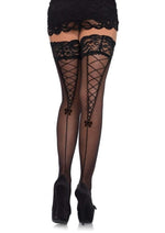 Load image into Gallery viewer, Leg Avenue Stay Up Lace Top Sheer Thigh Highs with Faux Lace Up Backseam - Black - One Size