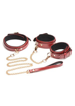 Load image into Gallery viewer, Master Series Bondage Set Cuffs, Collar, and Leash - Burgundy/Gold/Metal/Red - 6 Piece