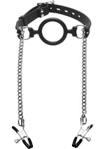 Load image into Gallery viewer, Master Series Mutiny Silicone O-Ring Gag with Nipple Clamps - Black