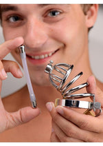 Load image into Gallery viewer, Master Series Stainless Steel Chastity Cage with Silicone Urethral Plug