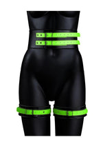 Load image into Gallery viewer, Ouch! Thigh Cuffs with Belt and Handcuffs - Glow In The Dark/Green - Medium/Small