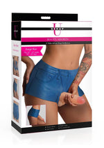 Load image into Gallery viewer, Strap U Booty Shorts Strap-On Harness with Dildo - Blue/Vanilla - Large - 6in