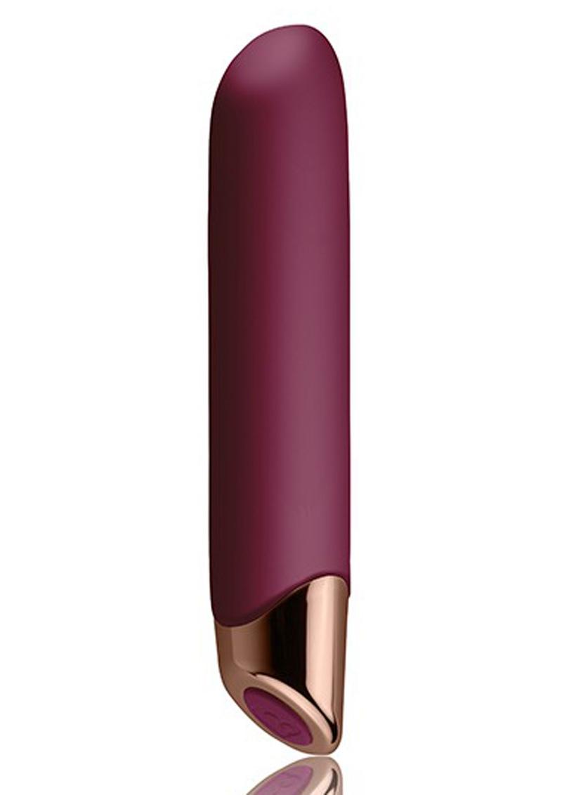 Photo of the Chaiamo Vibrator from Rocks Off (burgundy) shows its sleek design and smooth silicone texture.
