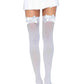 Leg Avenue, queen size, opaque nylon thigh highs with satin bow. Full front view. White. 