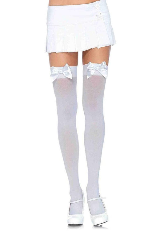 Leg Avenue, queen size, opaque nylon thigh highs with satin bow. Full front view. White. 