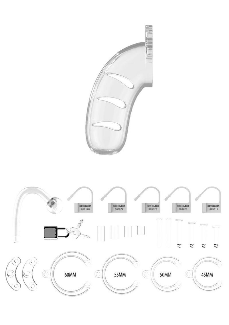 Photo shows all of the pieces that come with the ManCage Model 11: cock cage, lock and keys, multiple size rings, multiple plastic locks, and anal plug.