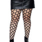 Leg Avenue queen size jumbo pot hole net stockings. Full front view shown with shoes and skirt. Black.