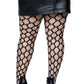 Leg Avenue queen size jumbo pot hole net stockings. Full back view shown with shoes and skirt. Black.