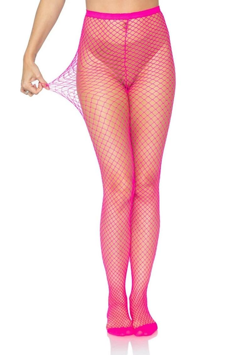 Leg Avenue spandex industrial net full length stockings. Full front view. Neon pink.