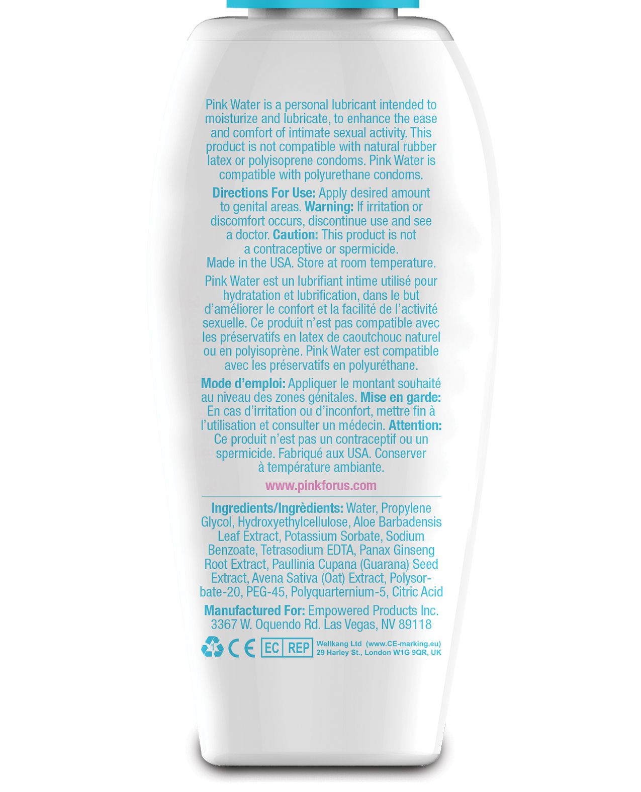 Photo shows the back of the bottle of Pink Water.