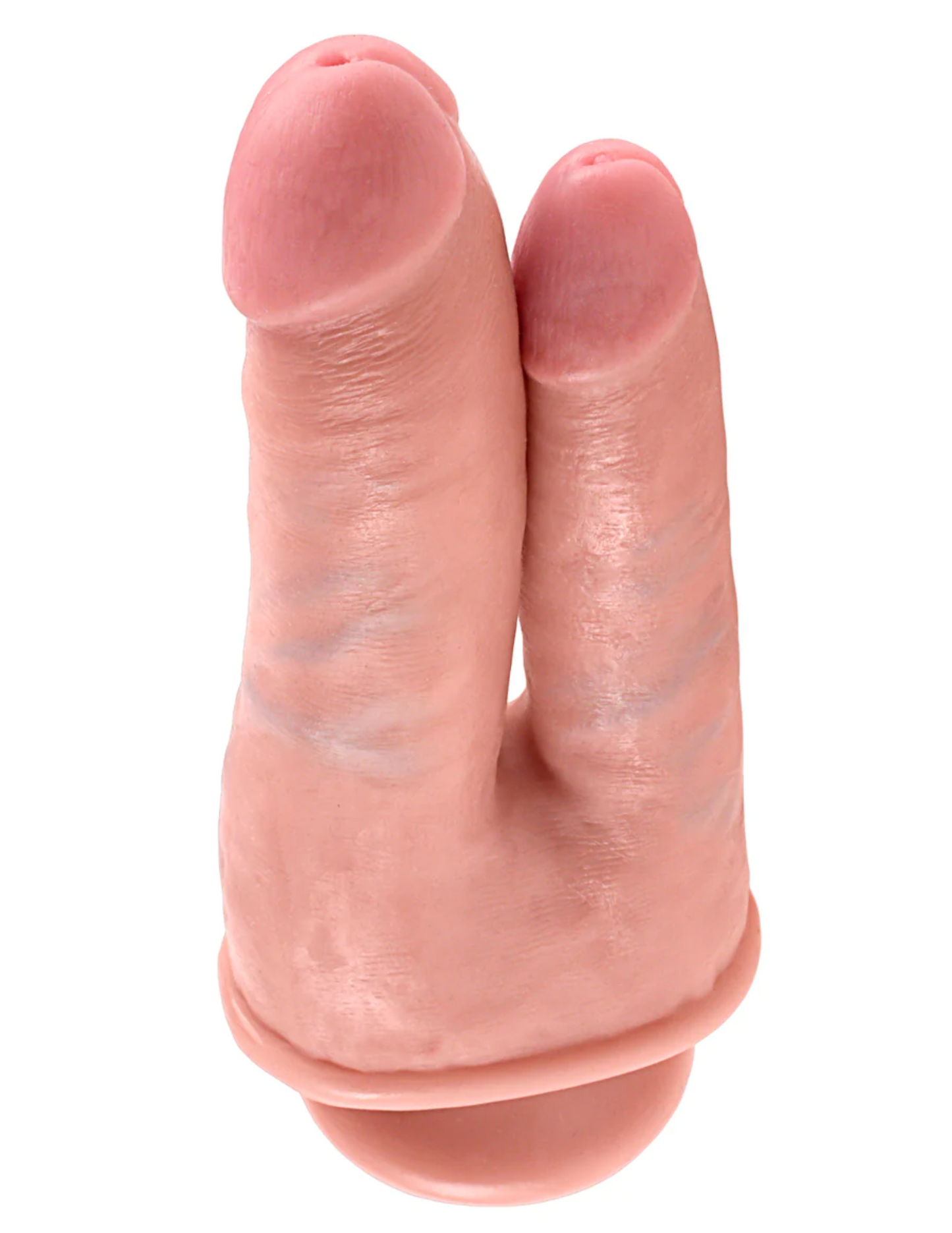 Close-up photo of the King Cock Double Penetrator Dildo from Pipedreams (vanilla) shows of its 2 realistic heads and skin-like texture.