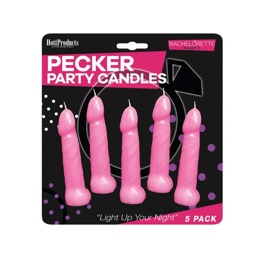Image shows the 5pk of pink pecker candles.