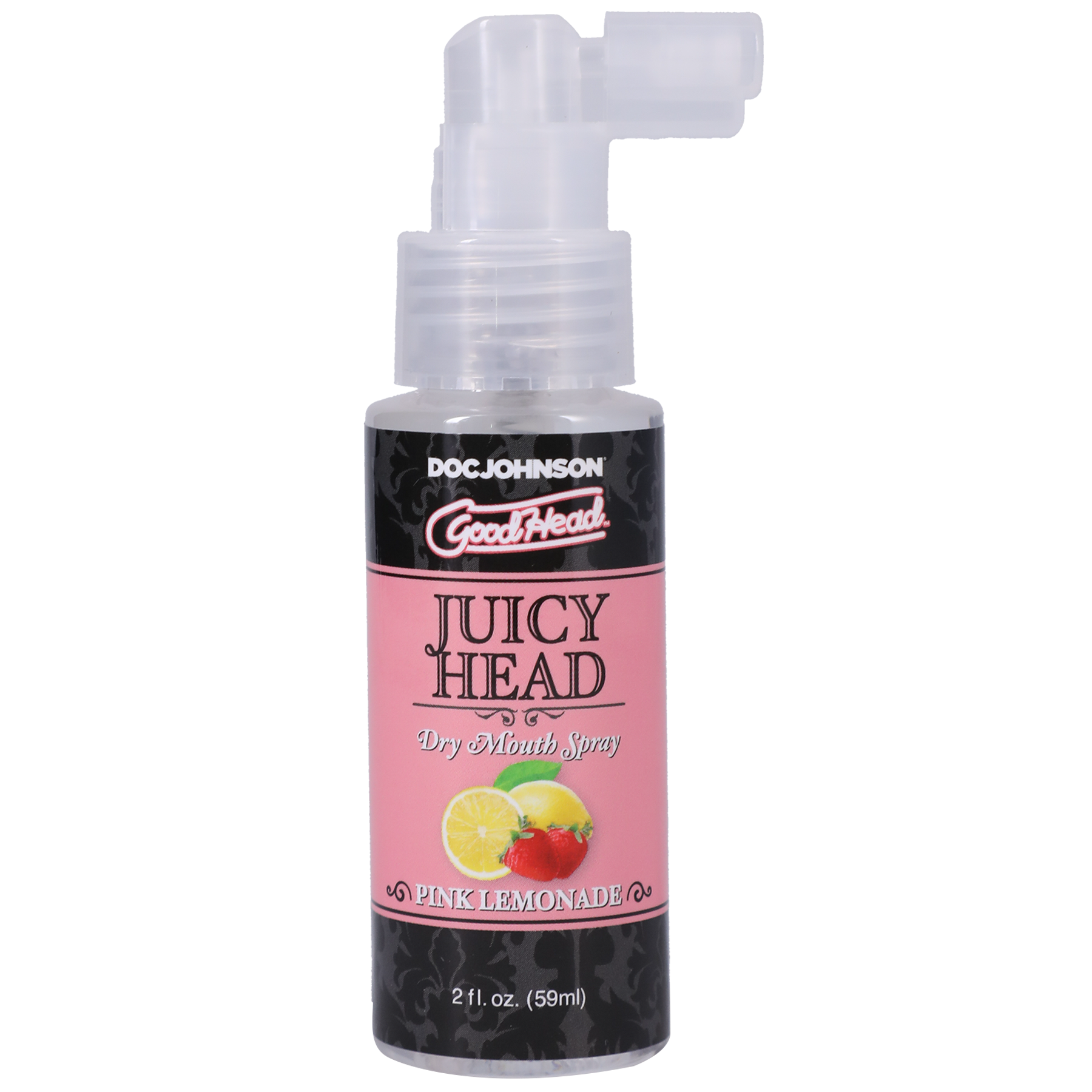 Photo of the bottle of GoodHead Juicy Head from Doc Johson pink lemonade ) shows its easy to use pump spray nozzle.