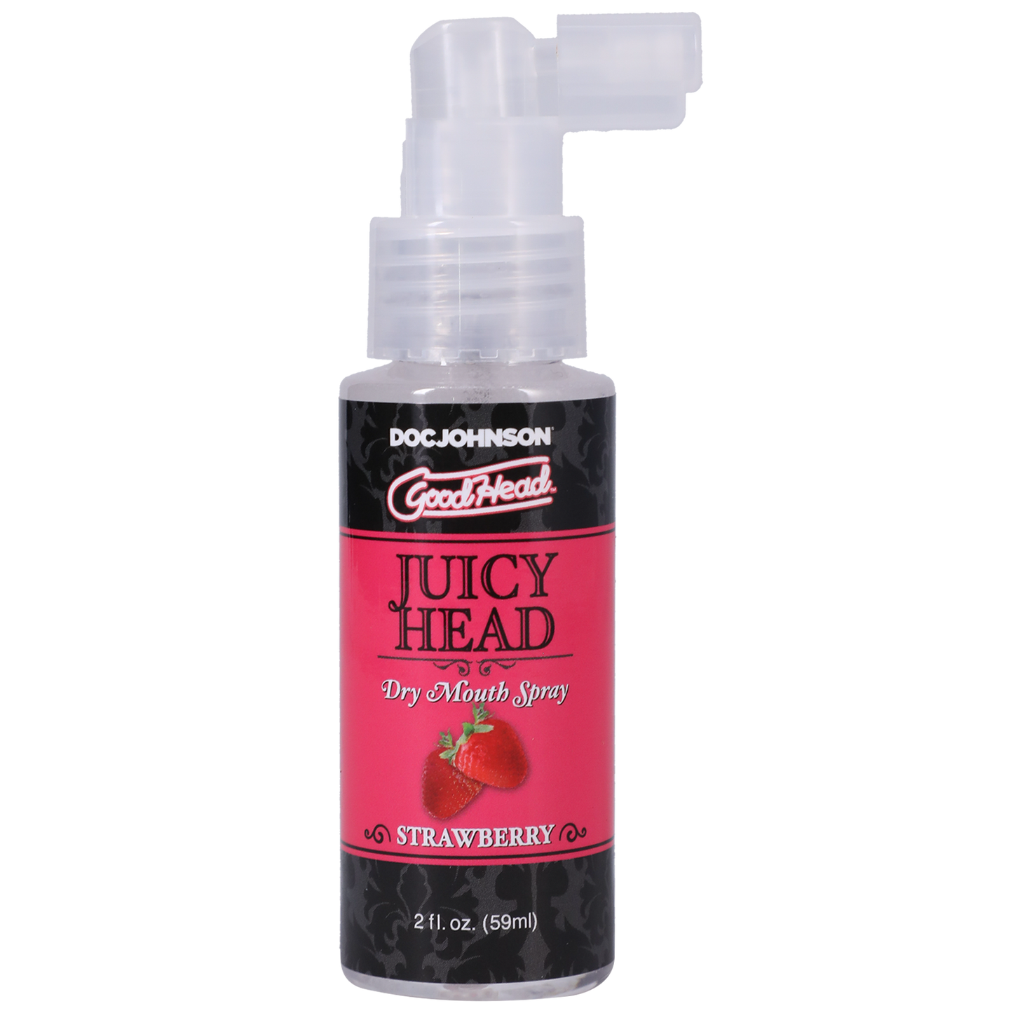 Photo of the bottle of GoodHead Juicy Head from Doc Johson (strawberry) shows its easy to use pump spray nozzle.