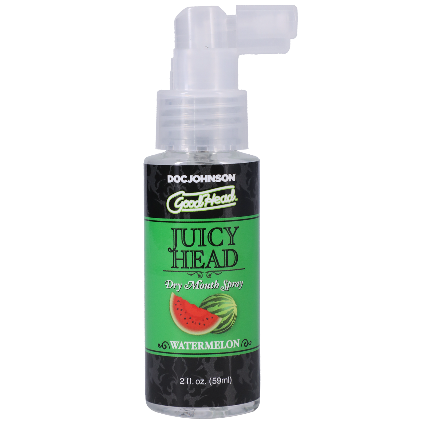 Photo of the bottle of GoodHead Juicy Head from Doc Johson (watermelon) shows its easy to use pump spray nozzle.