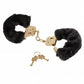 Front view of the Fetish Fantasy Gold Deluxe Furry Cuffs from Pipedreams (black/gold) shows their thick black fur and included keys for locks.