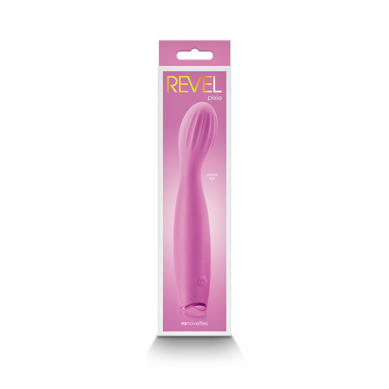 Photo of the front of the box for the Revel Pixie G-Spot Vibrator from NS Novelties (pink).