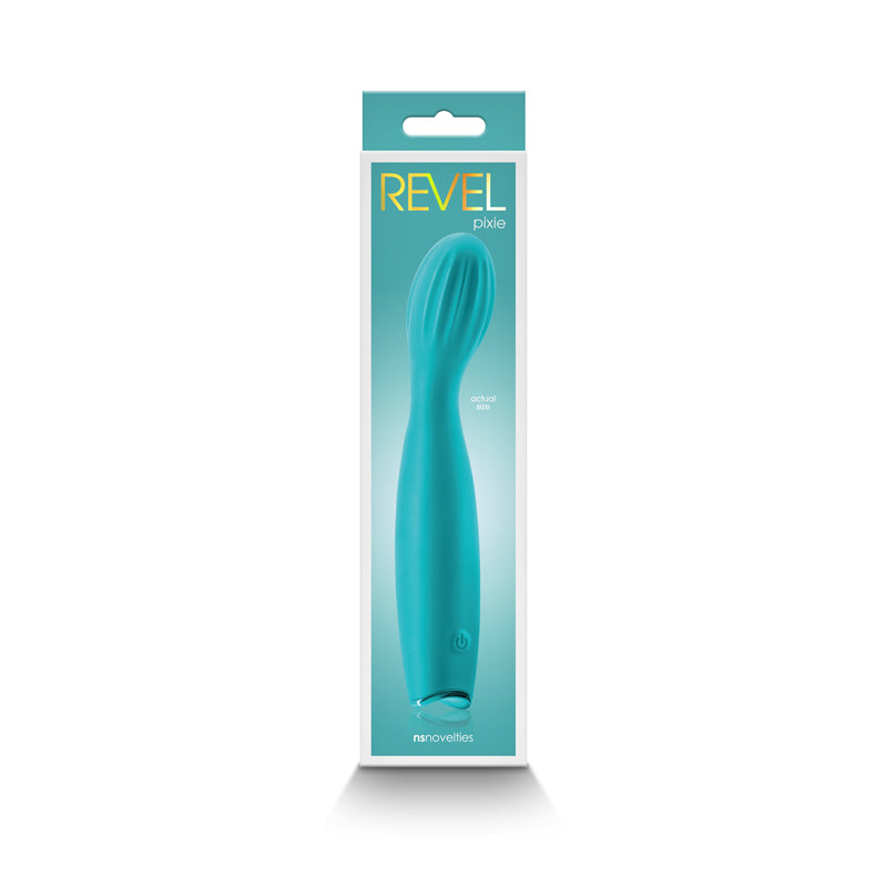Photo of the front of the box for the Revel Pixie G-Spot Vibrator from NS Novelties (teal).