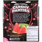 Load image into Gallery viewer, Photo of the back of the box for the Edible Crotchless Gunny Panties from Pipedreams (watermelon) shows its nutrition information.