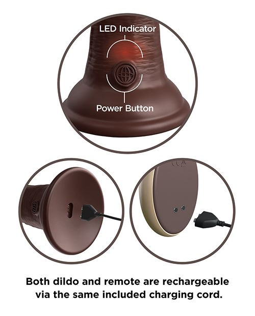Image shows close-ups of the control button, magnetic USB charging ports on the dildo and remote, for the King Cock Elite Dual Density Vibrating Dildo w/ Remote Control (7in) from Pipedreams (chocolate).