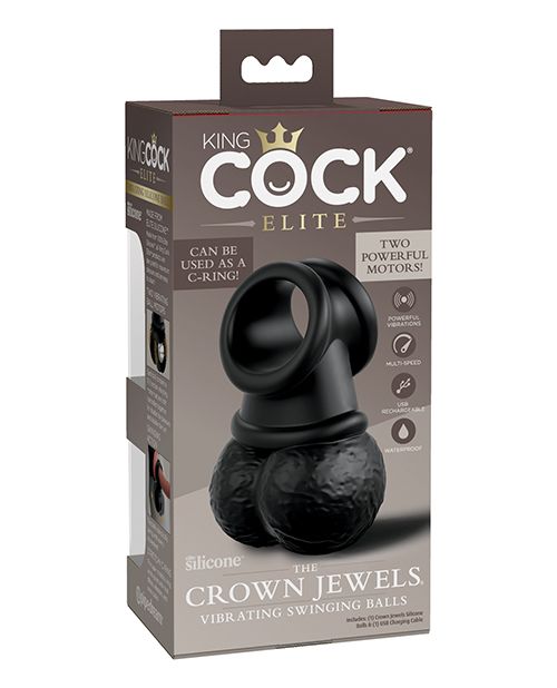 Photo of the back of the box for the  King Cock Elite Crown Jewels Vibrating Balls and Cockring from Pipedreams (black).