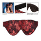 Image shows the  Scandal Blackout Eye Mask (red/black) from CalExotics and smaller images of it being worn, as well as the elastic headband, inside fabric and outer fabric.