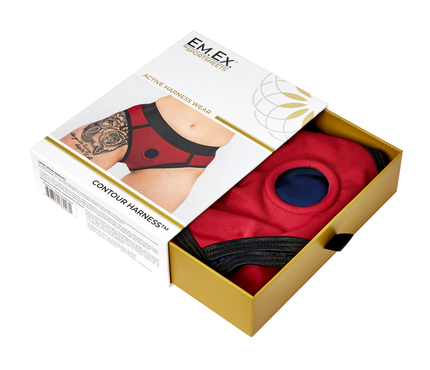 Photo of the open box showing how the harness briefs come folded nicely inside (red).