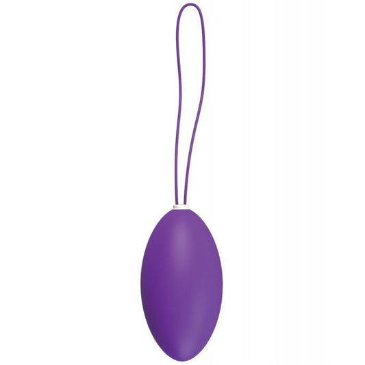 Front view of the vibrating insertable egg and its loop handle (purple).