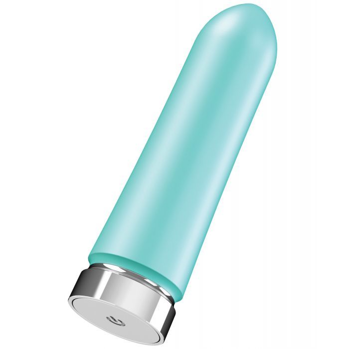 Front side angle view of the BAM bullet showing the power button and control base and narrow tip for clitoral stimulation (turquoise).